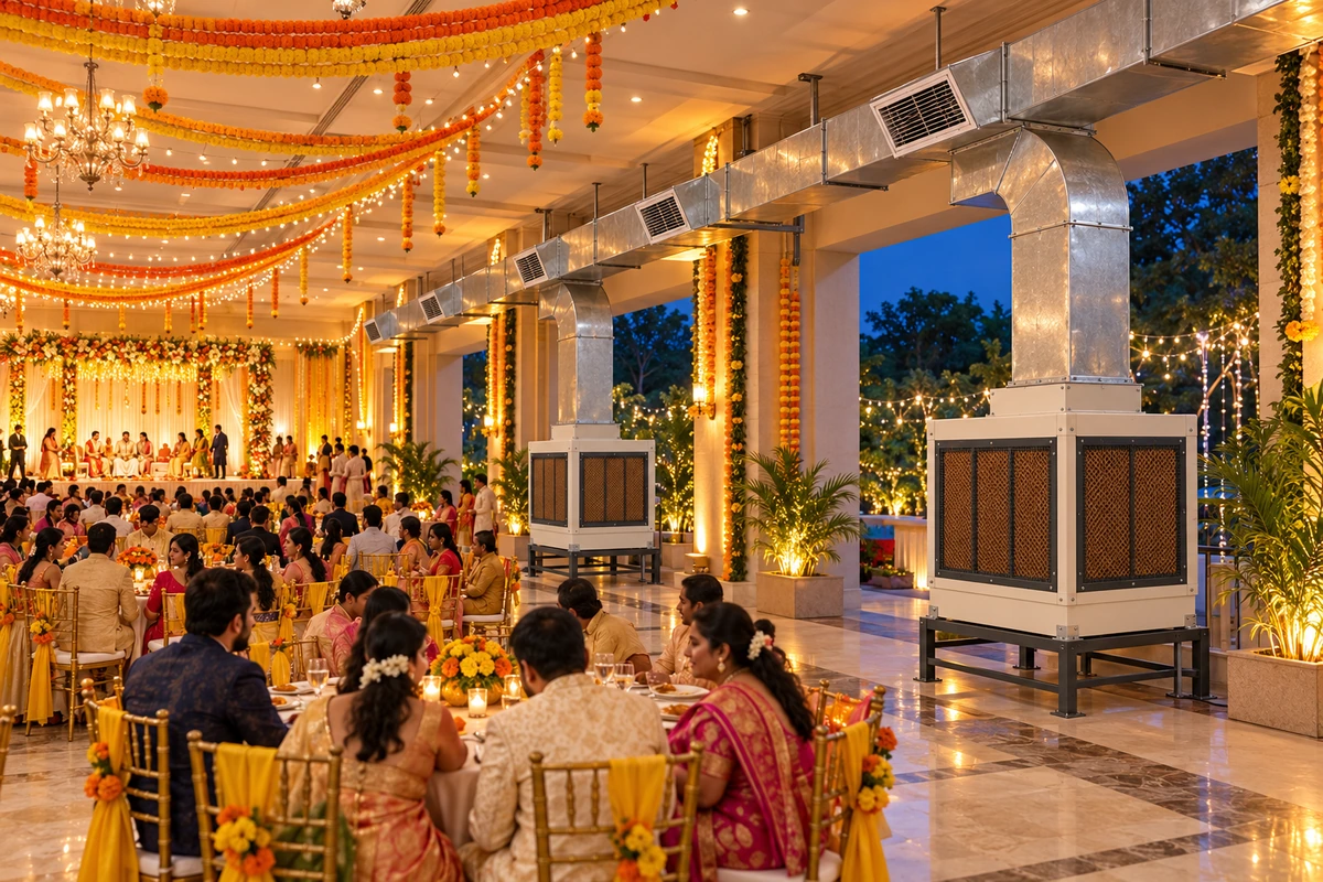 Banquet hall set for an Indian wedding, cooled by industrial duct coolers along one wall with grilles above the seating